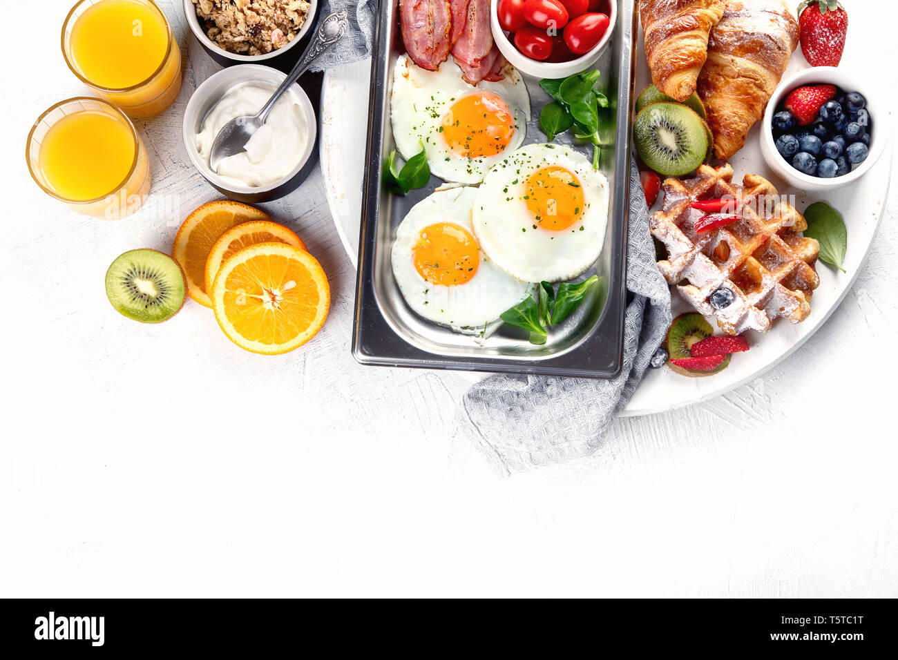 Table set for traditional breakfast. Top view with copy space Stock ...