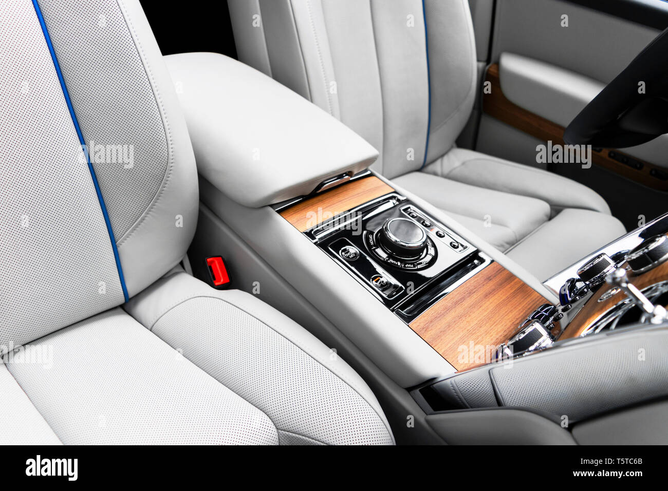 Modern Luxury Car White Leather Interior With Natural Wood