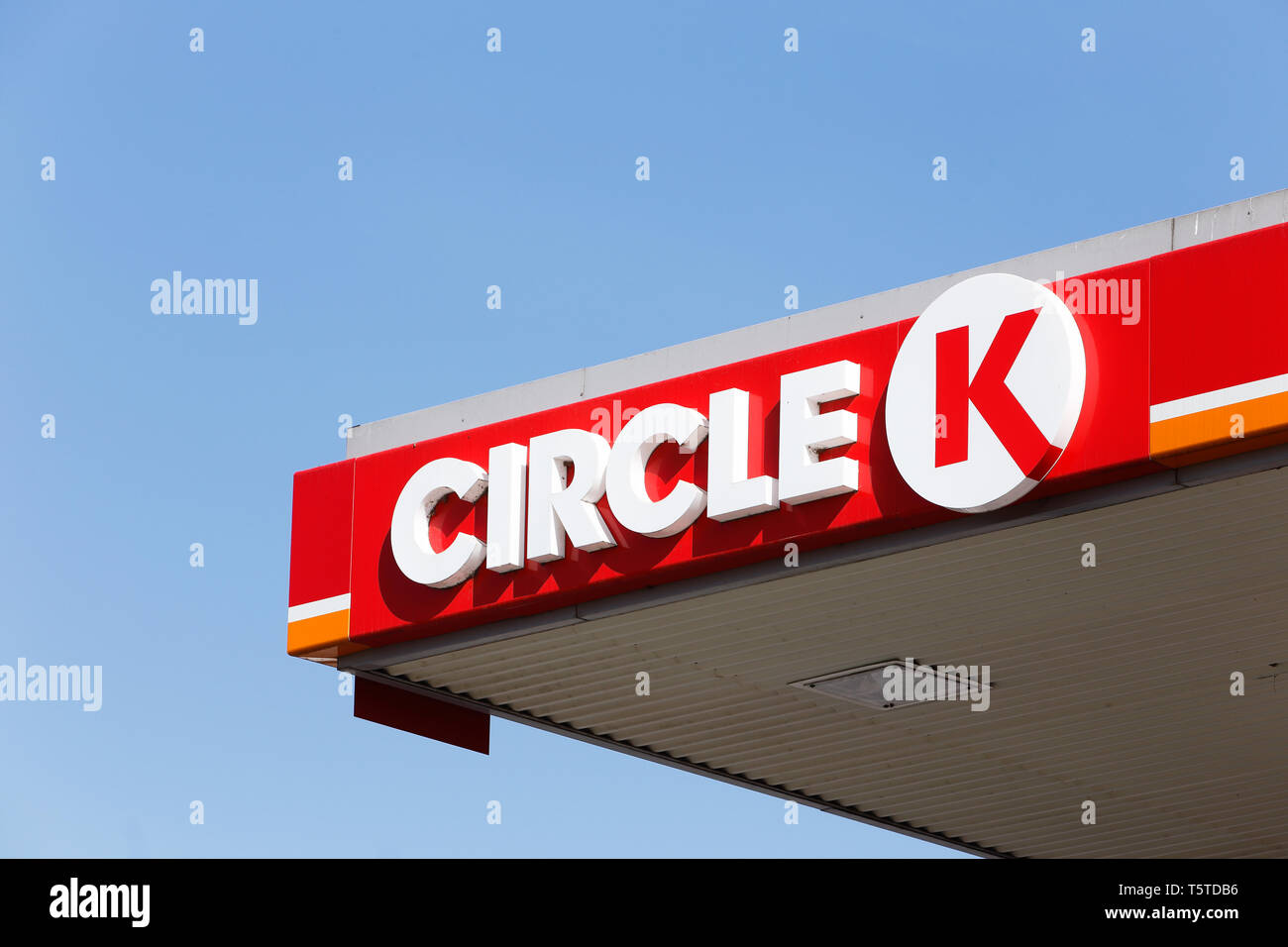 Orebro, Sweden - April 26, 2019: Close-up of the retail service station Circle K protected roof with the logotype. Stock Photo