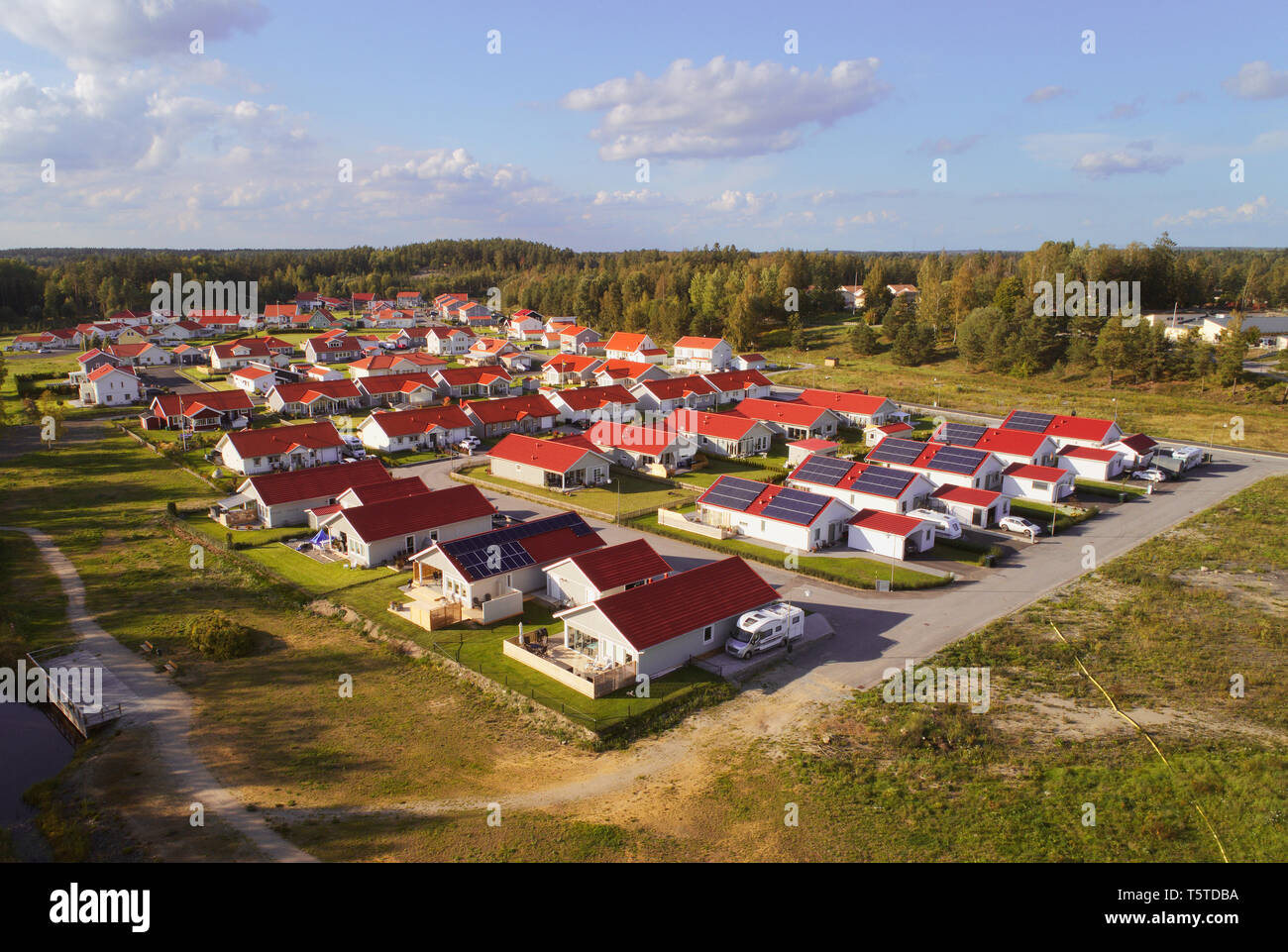 Nykvarn, Sweden - Spetember 9, 2018: Areial view of a residential area with one-family houses some with solar panels. Stock Photo