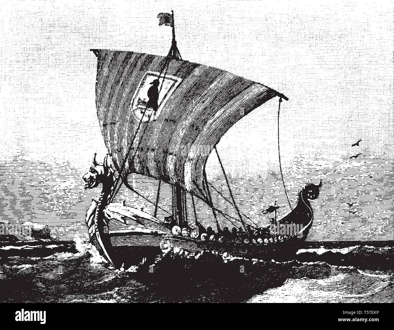 Viking Ships were marine vessels of unique design built by the Vikings during the Viking Age, vintage line drawing or engraving illustration. Stock Vector