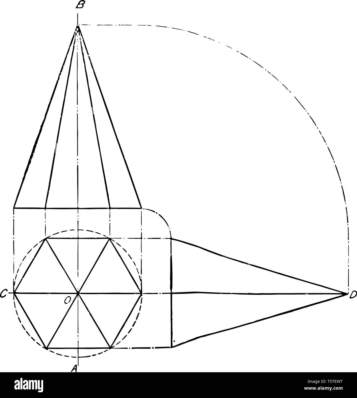 The image shows the projection of a hexagonal pyramid that is in a correct position, vintage line drawing or engraving illustration. Stock Vector