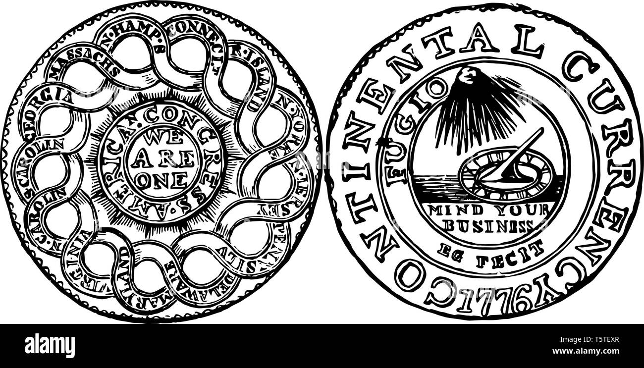 The image shows the Pewter Dollar Currency found in 1776. These patterns use designs provided by Benjamin Franklin and composed of Pewter, Brass and S Stock Vector