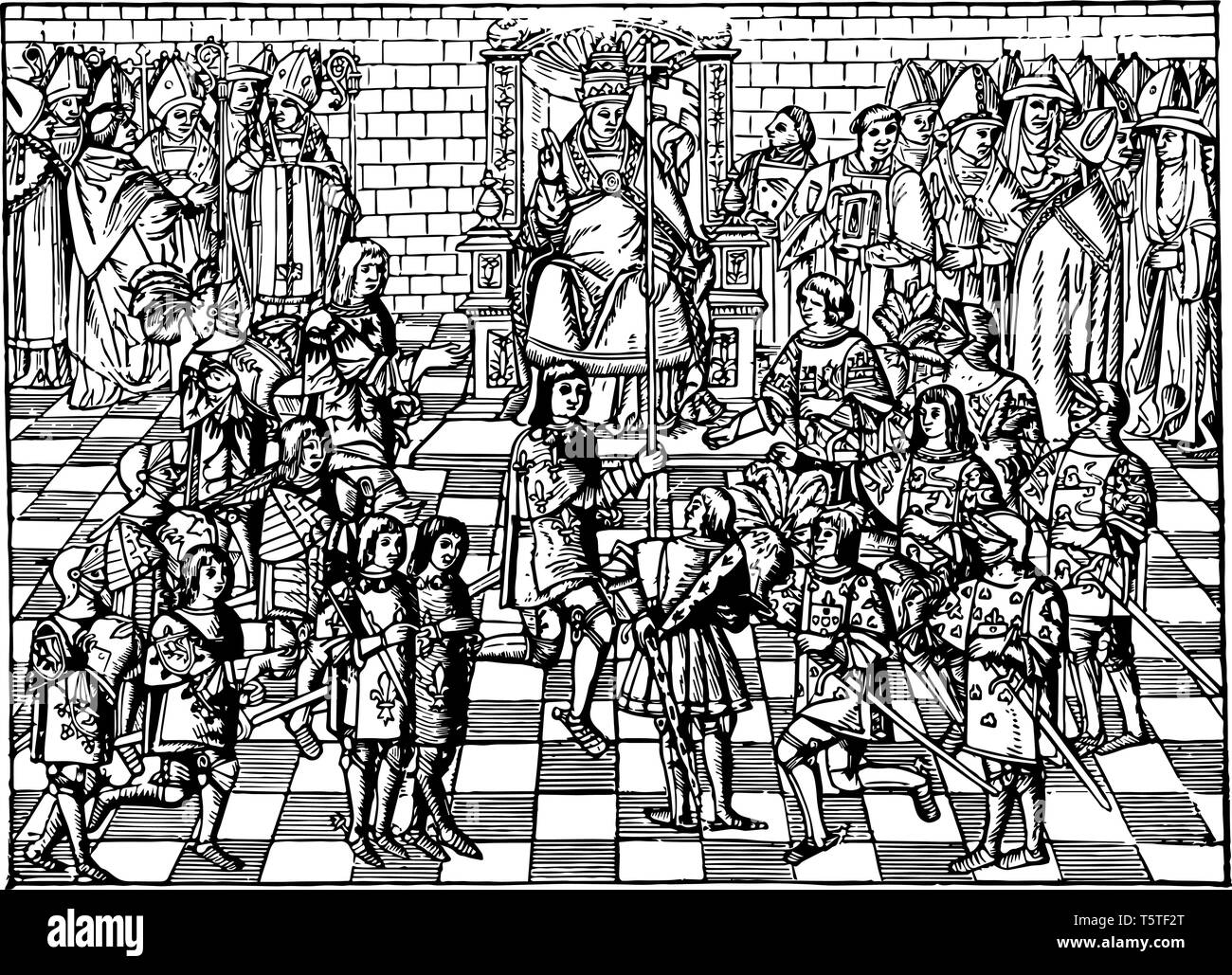In this image showing urban Pope II on the council of Clermont. Many people have gathered, Pope Urban II is guiding them and changing history, vintage Stock Vector