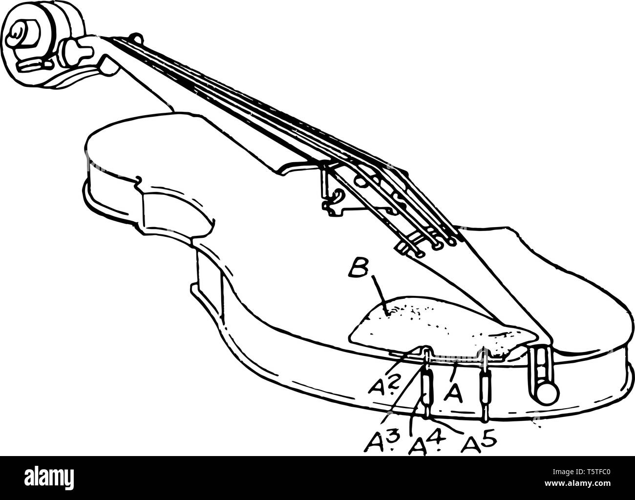 Musical Violin held nearly horizontal by the player arm with the lower part supported against the collarbone or shoulder, vintage line drawing or engr Stock Vector