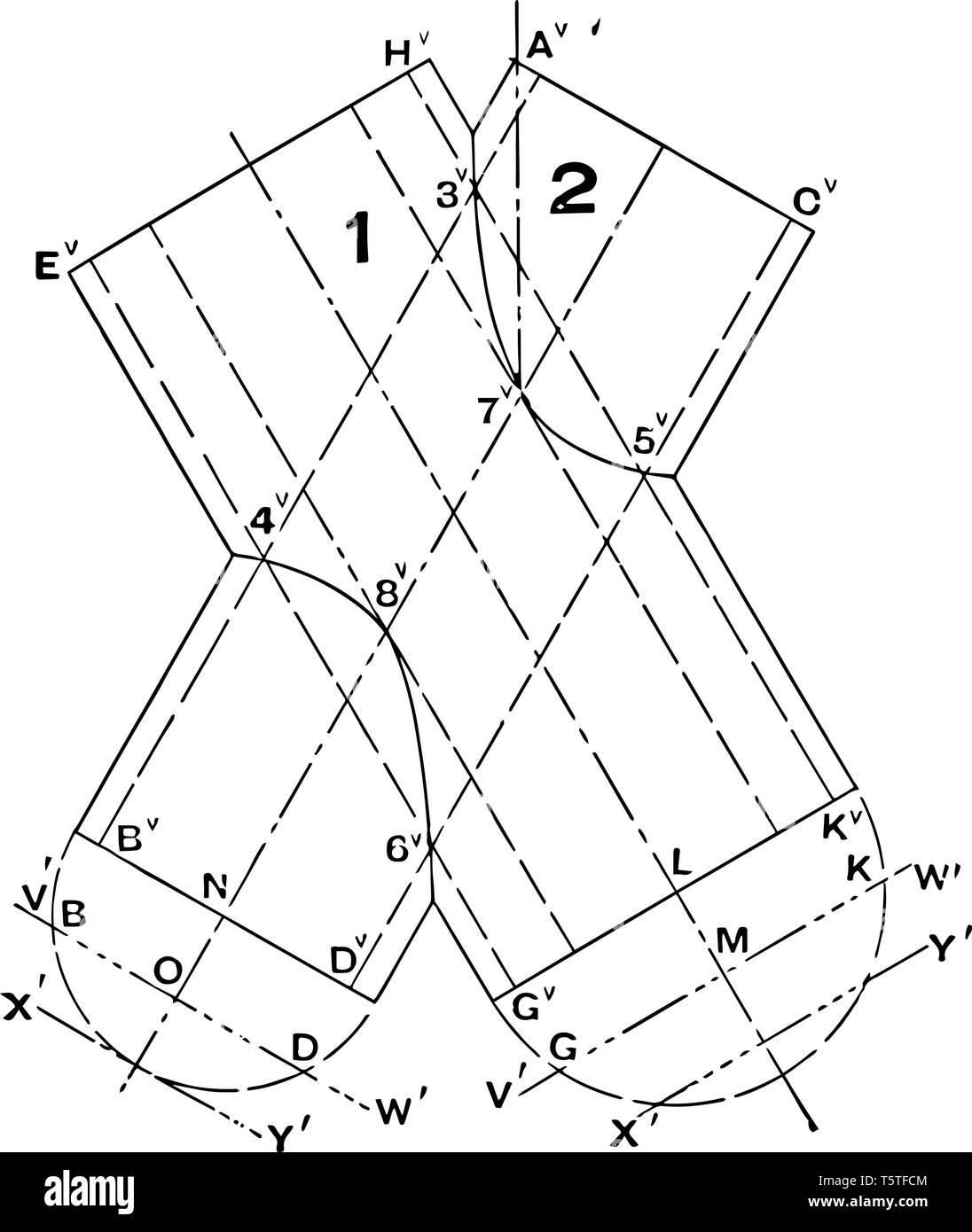 The image shows the auxiliary drawing planes of two intersecting cylinders. There is a geometric process in which, from the reflection of the base, th Stock Vector