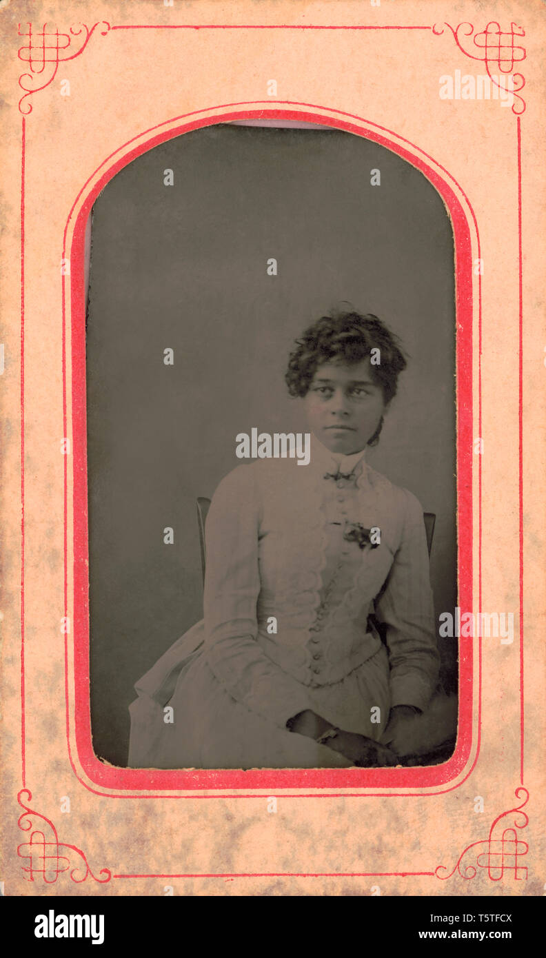Clarissa Minnie Thompson Allen (1859-1941), African American Educator and Author, Half-Length Portrait, Tintype Photograph, 1870's Stock Photo