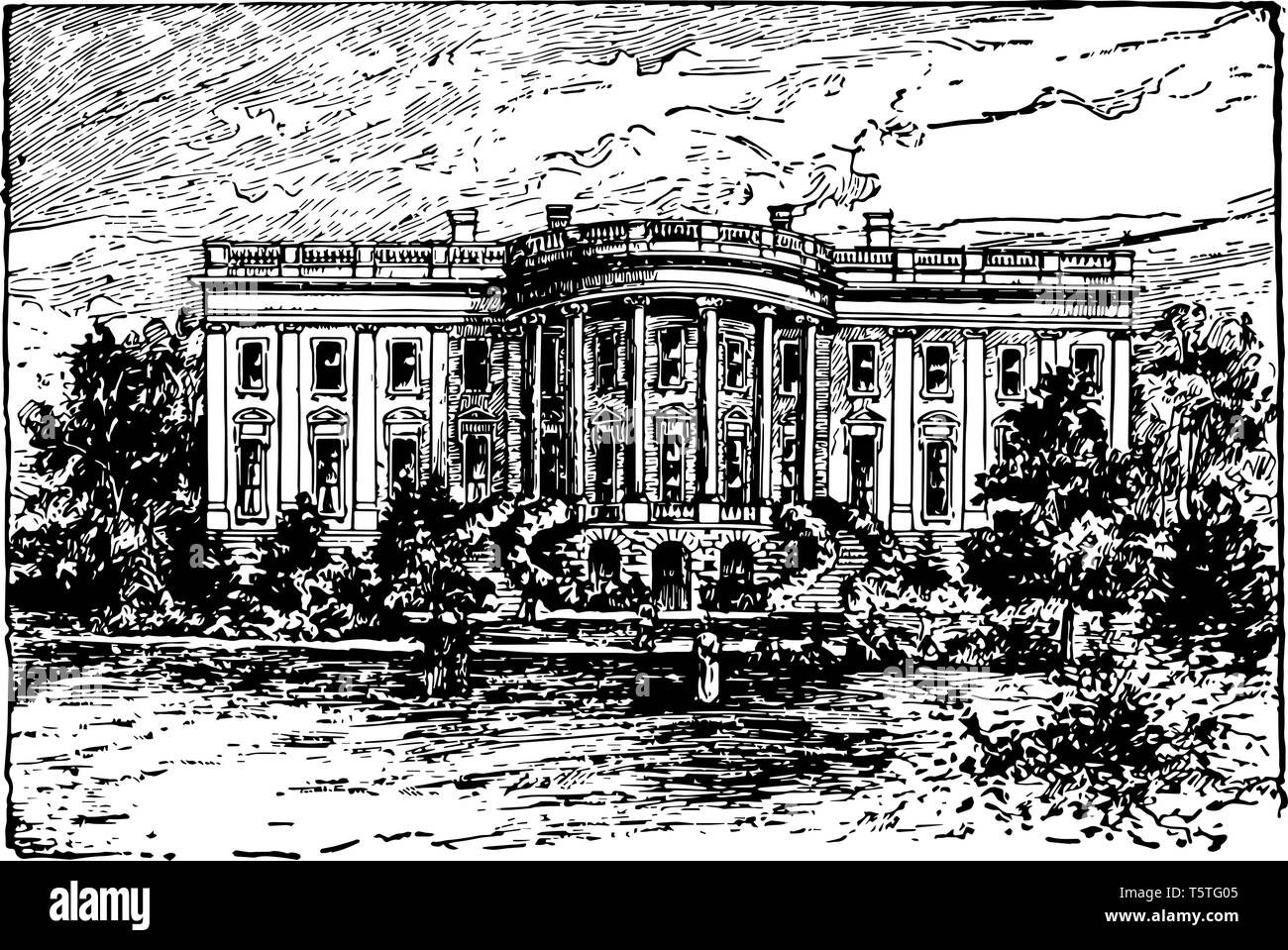 White house, early 1900 previously called Presidents house is an official building  vintage line drawing. Stock Vector