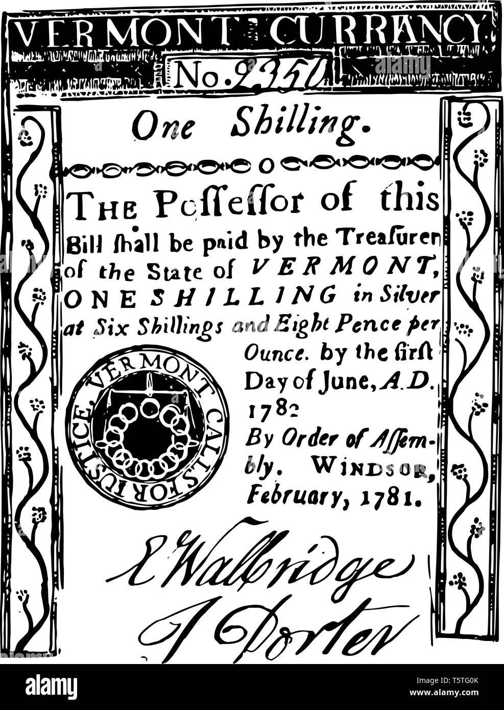 It is one Shilling Bill Vermont currency from 1781. Image of thirteen rings surrounded by the 'Vermont calls for justice' this is the inscription line Stock Vector