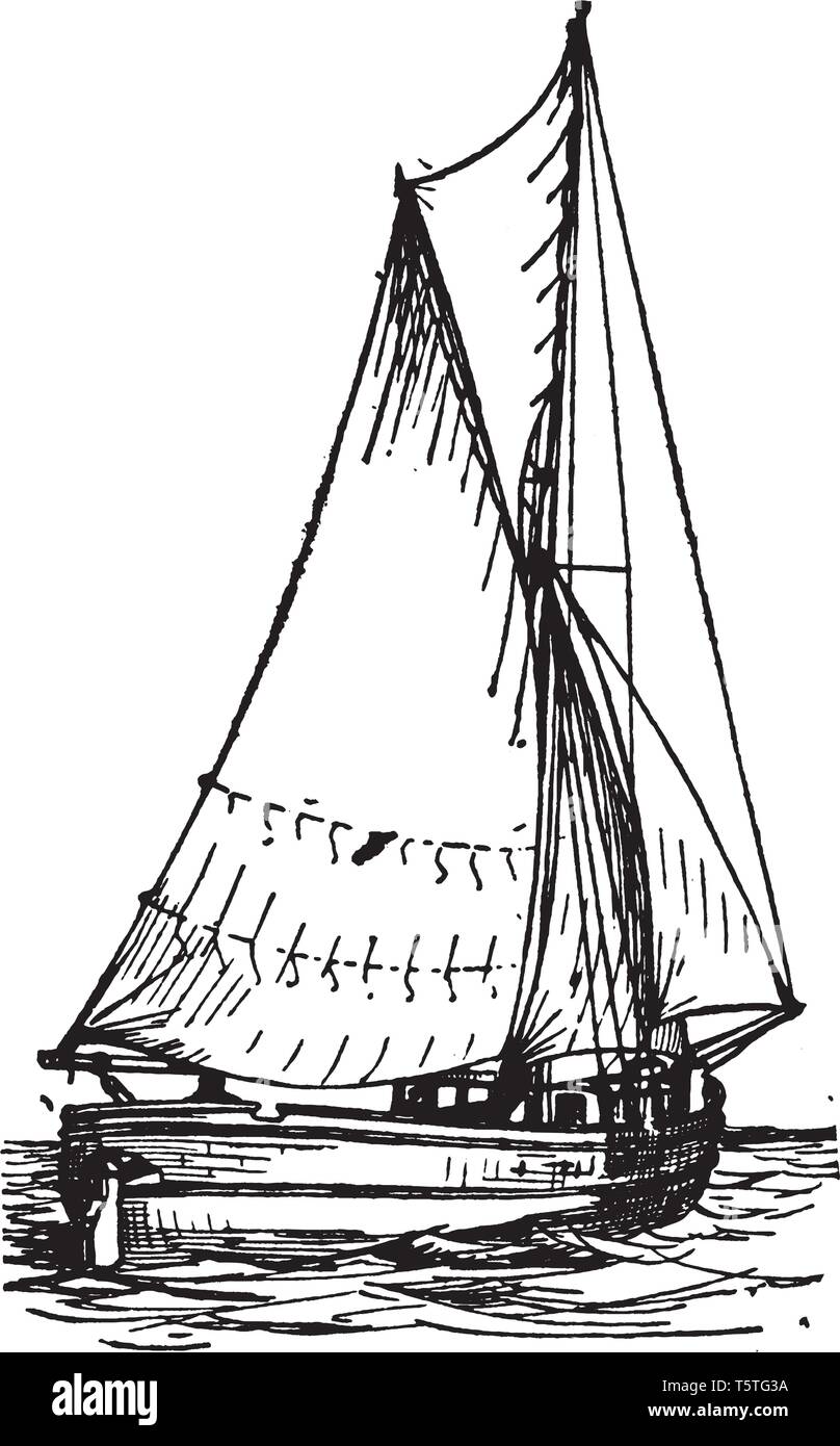 Sloop is a small fore and aft rigged vessel with one mast and fixed bowsprint, vintage line drawing or engraving illustration. Stock Vector