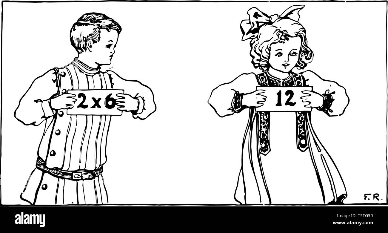This picture is showing two children holding the card solving the multiplication, vintage line drawing or engraving illustration. Stock Vector