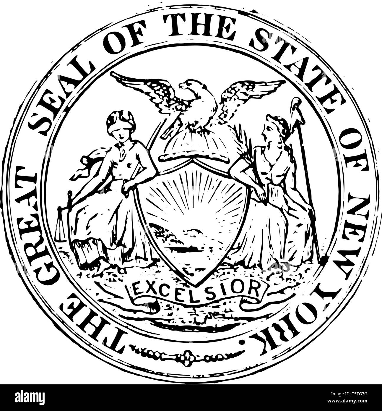 Seal of New York adopted in 1778 with motto Excelsior vintage line