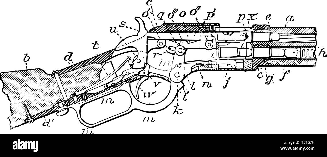 Winchester Rifle which is an old style rifle, vintage line drawing or
