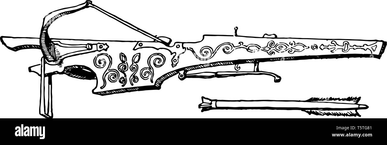Crossbow is a type of ranged weapon based on the bow and consisting of a horizontal bow like assembly mounted on a frame, vintage line drawing or engr Stock Vector