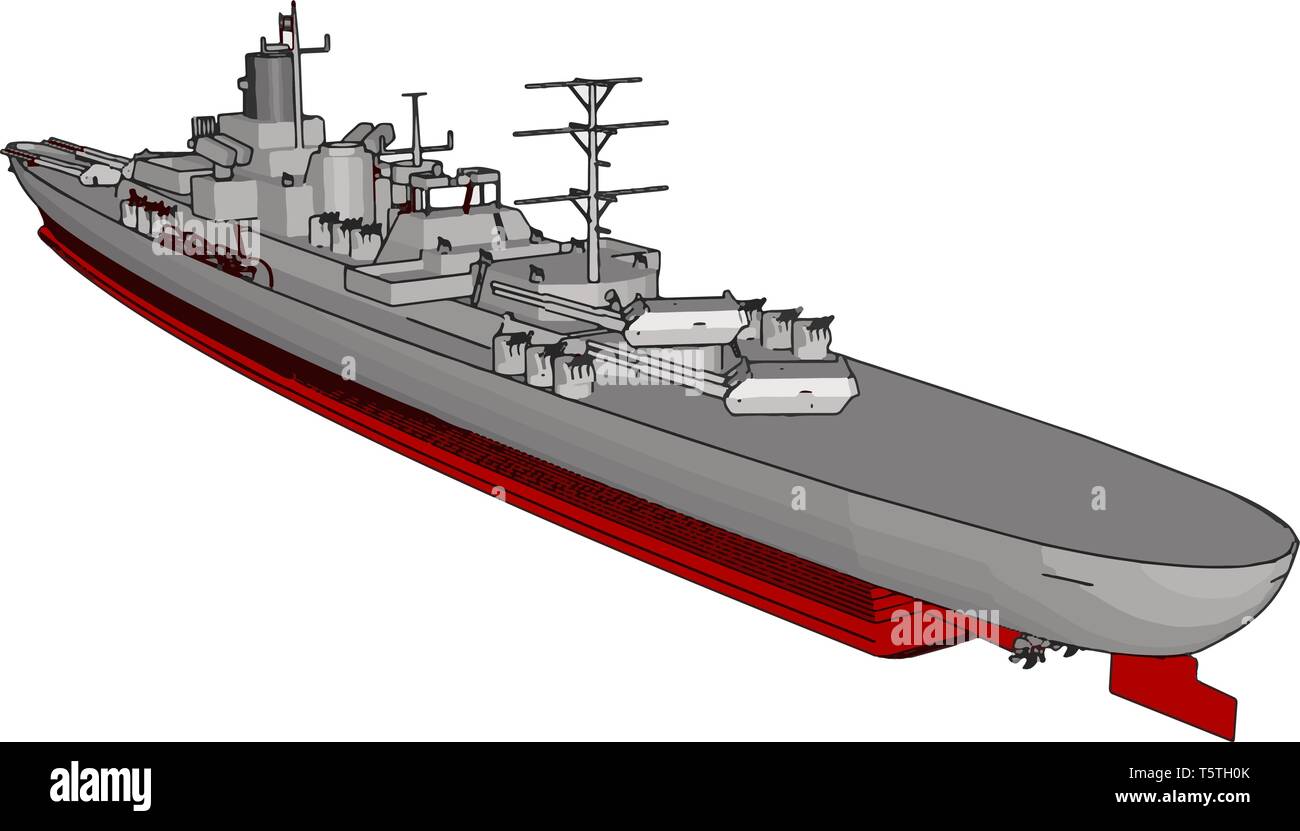 3D vector illustration of a long red and grey military war ship on a white background Stock Vector