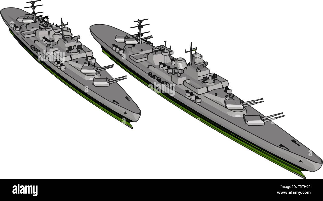 3D vector illustration of a two long grey military ships on a white background Stock Vector