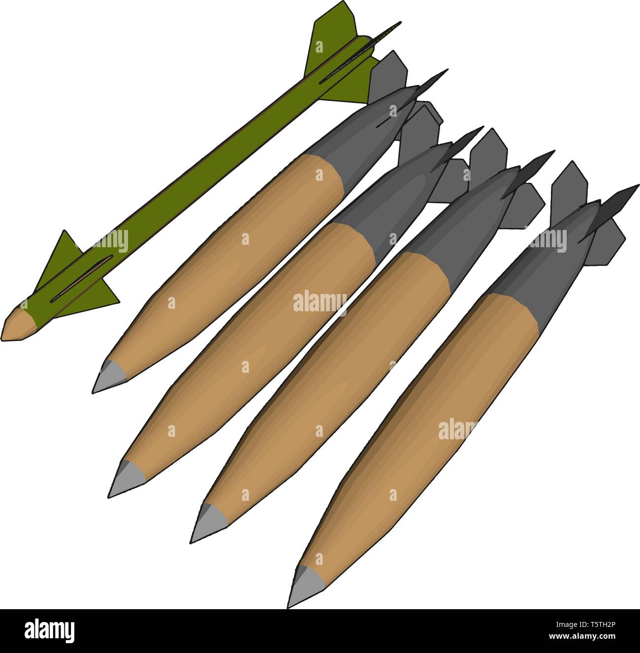 3D vector illustration on white background  of various army missiles Stock Vector