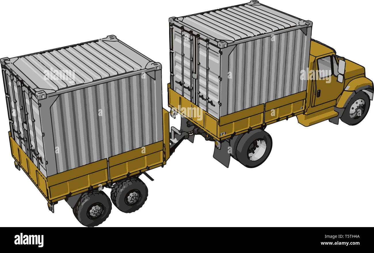 Simple vector illustration of an yellow container truck with trailer white background Stock Vector