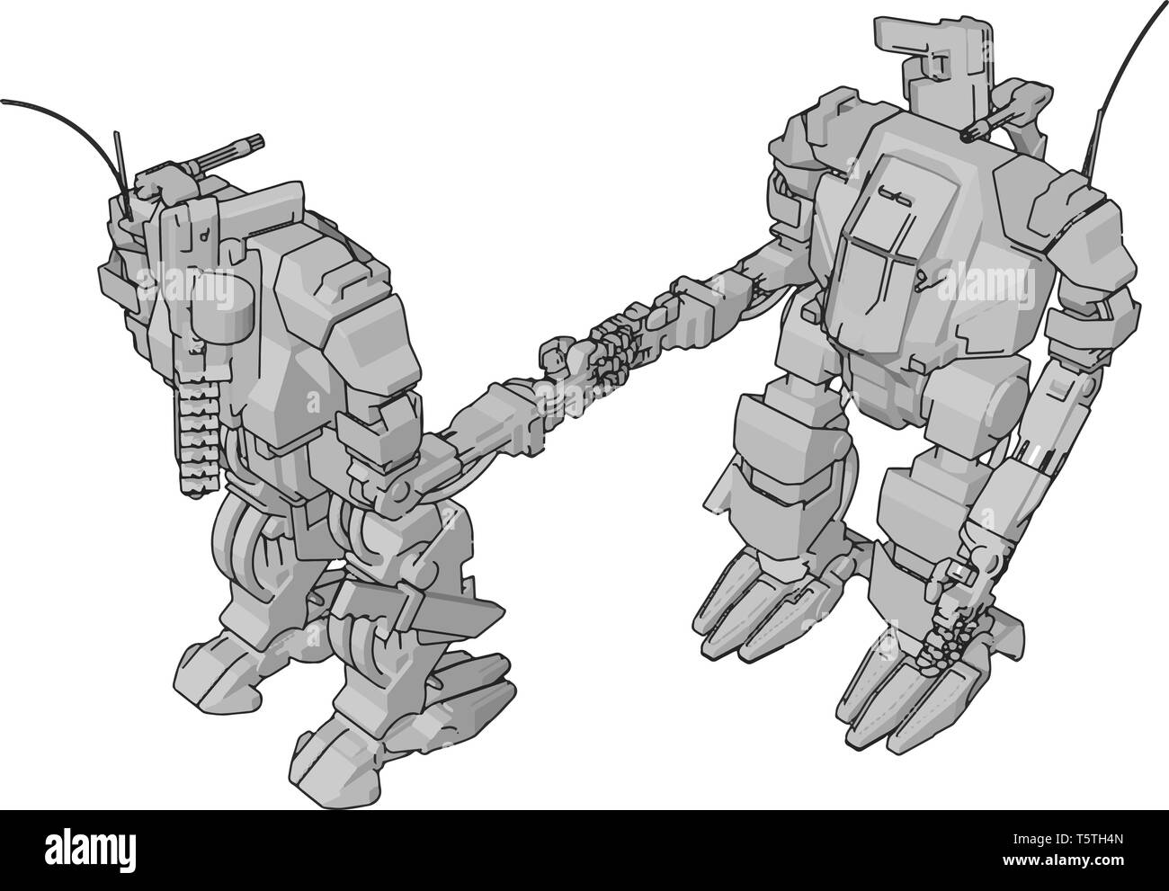Simple vector illustration of two grey robots shaking hands Stock