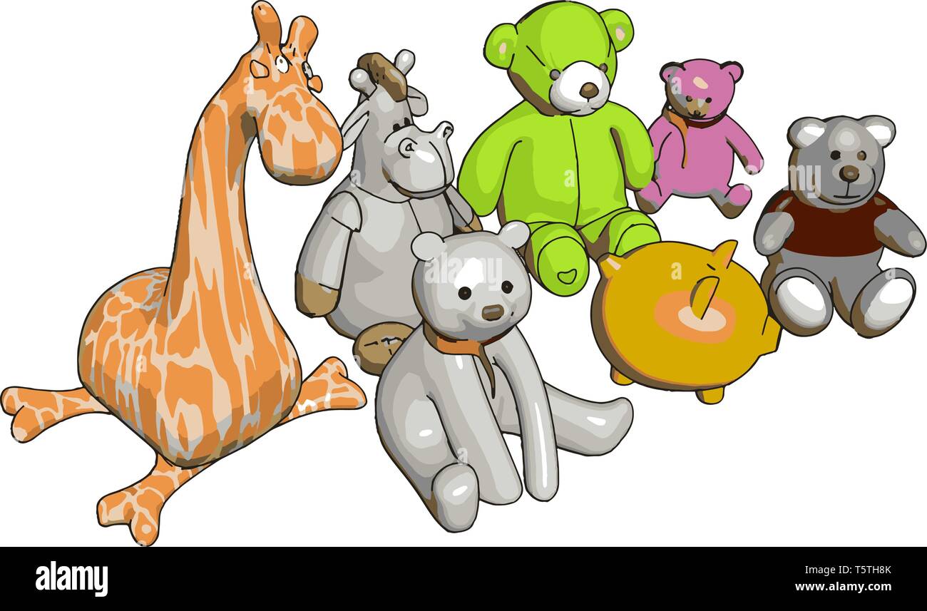 Various stuffed toy animals vector illustration on white background