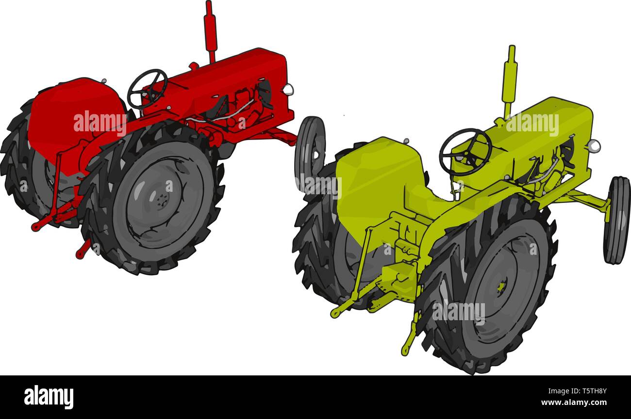 Green and red tractors vector illustration on white background Stock