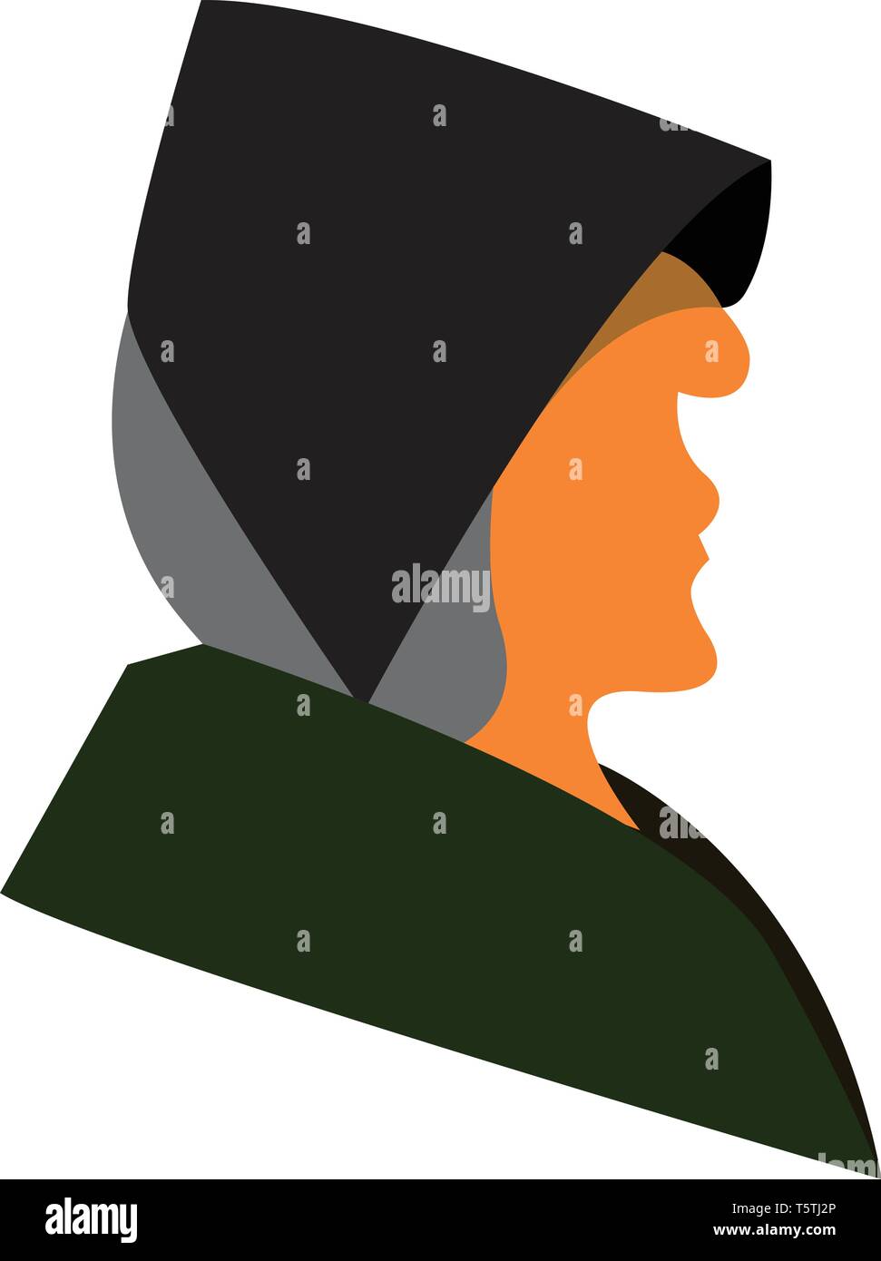 An old woman with grey hair wearing a black hat and a green coat vector color drawing or illustration Stock Vector