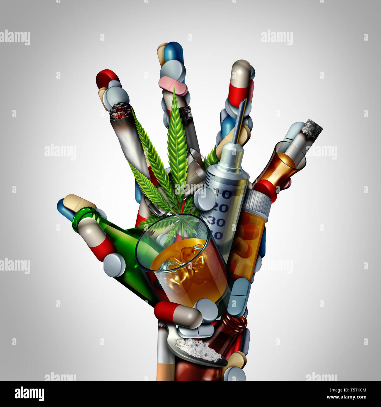Stop drugs hand or no drug addiction icon as a health issue representing the dangers and risk of smoking drinking alcohol and medicine overdose. Stock Photo
