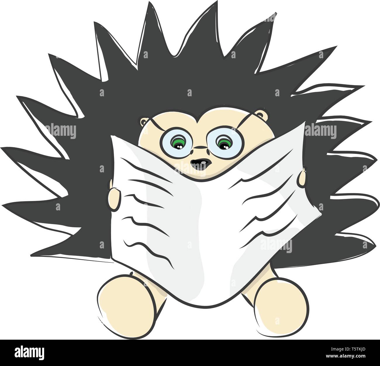 A brown-colored hedgehog with black spine like hair looks so cute with spectacles while sitting and reading the newspaper vector color drawing or illu Stock Vector