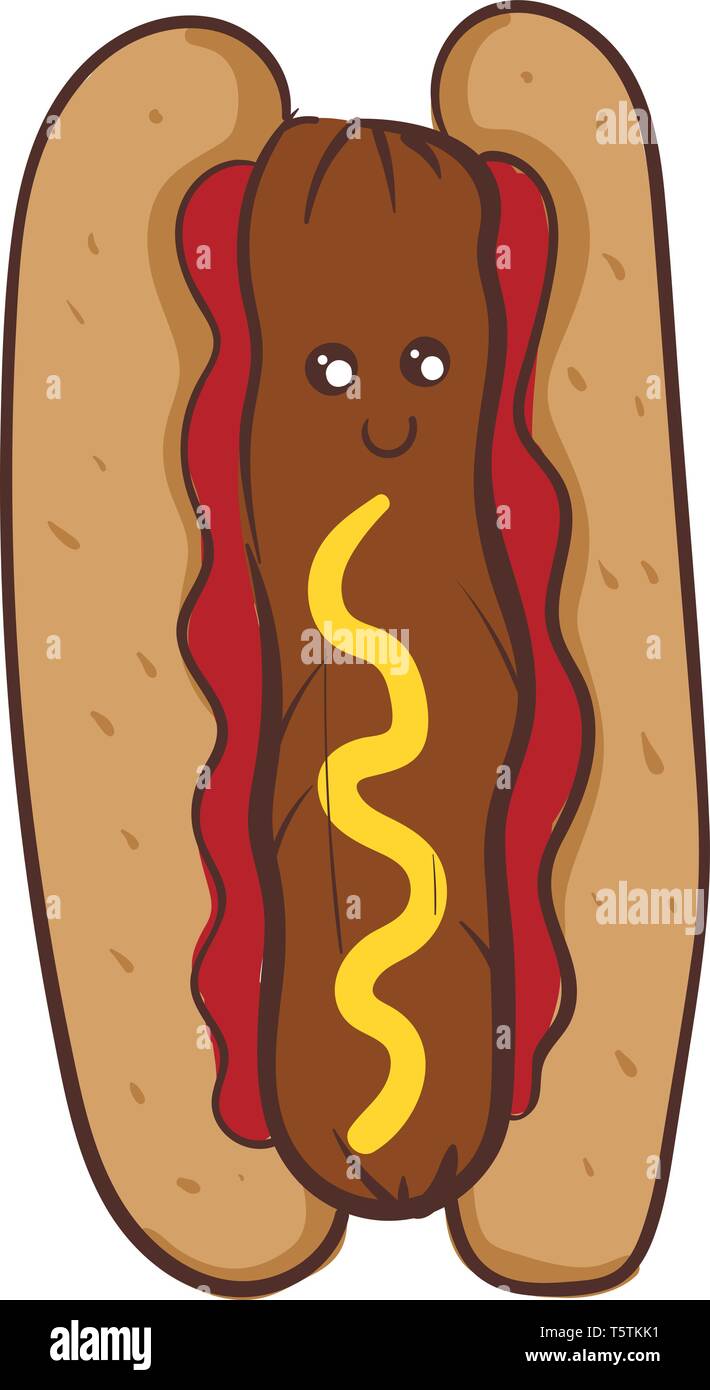 A redcolored grilled or steamed linksausage sandwich with two eyes