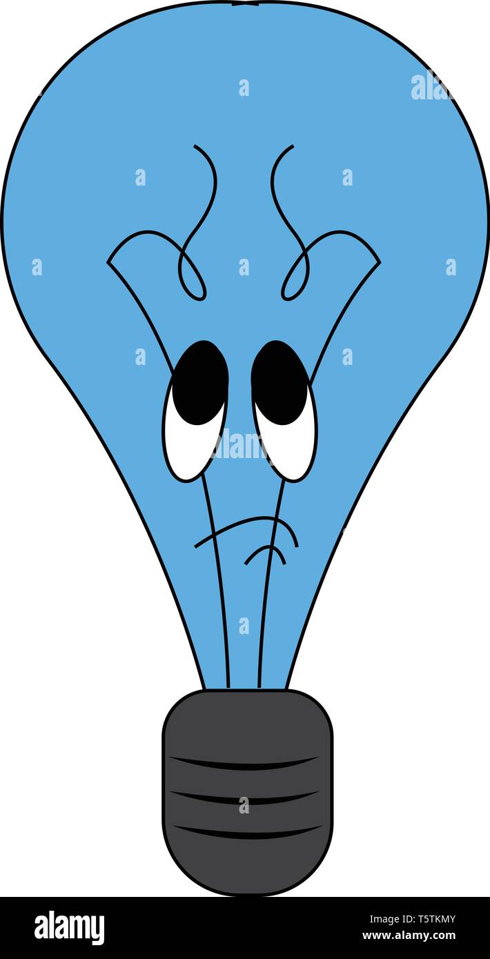 A tragic blue-colored cartoon light bulb expressing sadness has black-colored contact wires coiled towards one end vector color drawing or illustratio Stock Vector