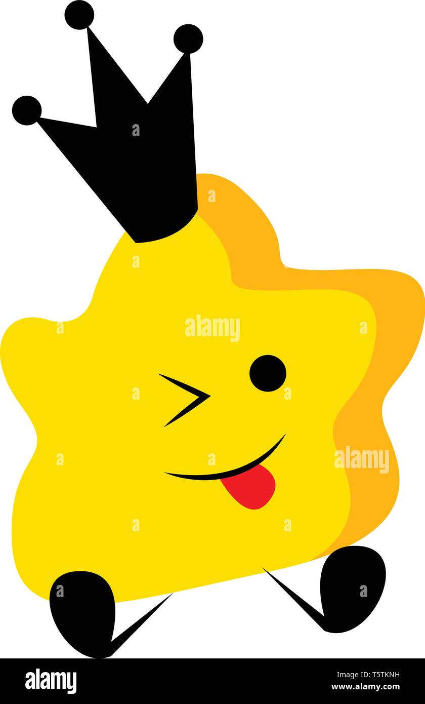A yellow-colored cute little queen star is wearing a black-colored crown with its tongue hanging out while sitting vector color drawing or illustratio Stock Vector