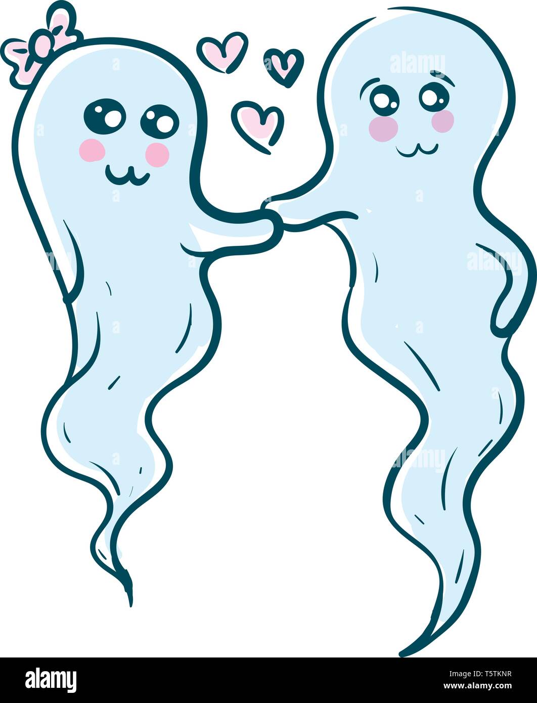 Two bluecolored cute little love ghosts are with smiling eyes and a broad closed smile turning