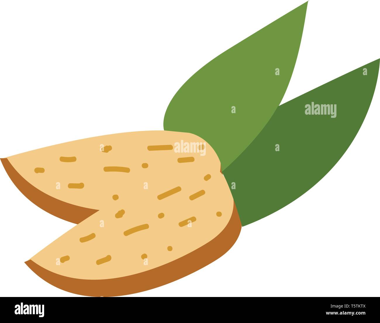 A brown cartoon nut has two oval-shaped green leaves and a V-shaped cleavage in one end vector color drawing or illustration Stock Vector