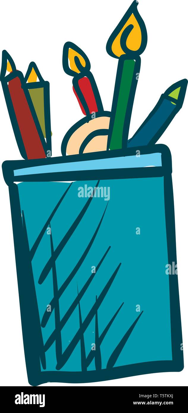 Painting of a blue-colored pencil case holding some sharpened and blunt color pencils vector color drawing or illustration Stock Vector