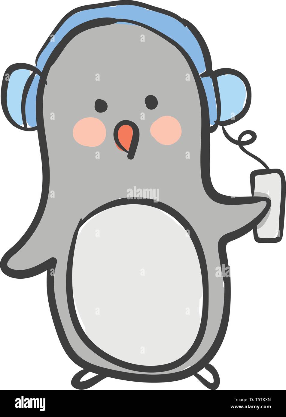 Cute Little Cartoon Penguin In Grey Color Is Listening To
