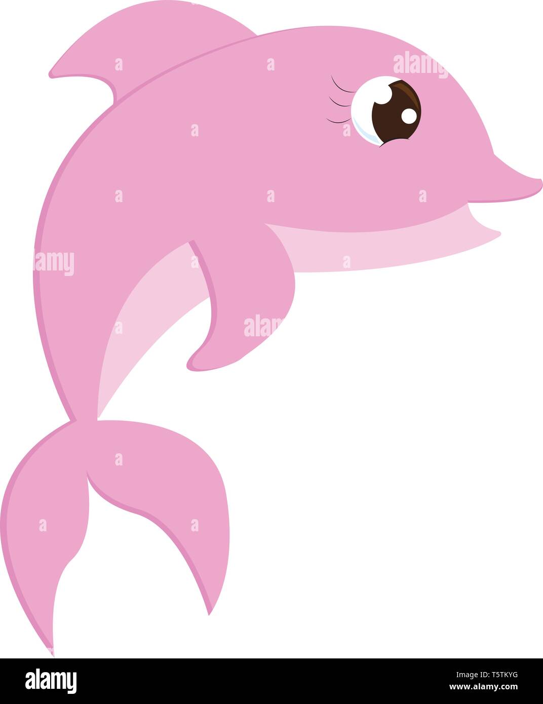 A cute little pink colored cartoon dolphin with an elongated beak streamlined body two fins that are curved back and a tail vector color drawing or il Stock Vector