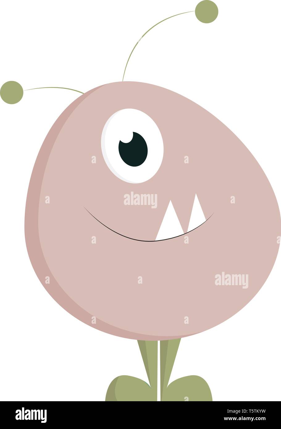 An oval-shaped cute-little pink monster with two horns one bulging eye and with two projecting fang teeth looks terrifying vector color drawing or ill Stock Vector