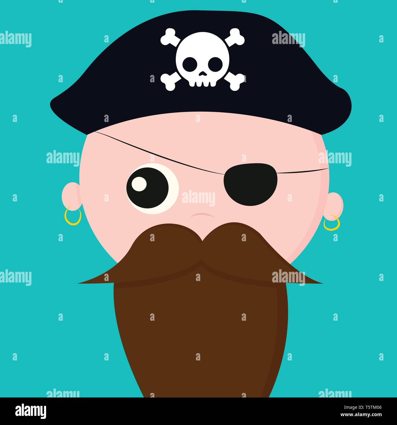 Cute face of pirate with earrings covers one of his eyes with a patch and wears a cap that bears the head of a skeleton with bones vector color drawin Stock Vector