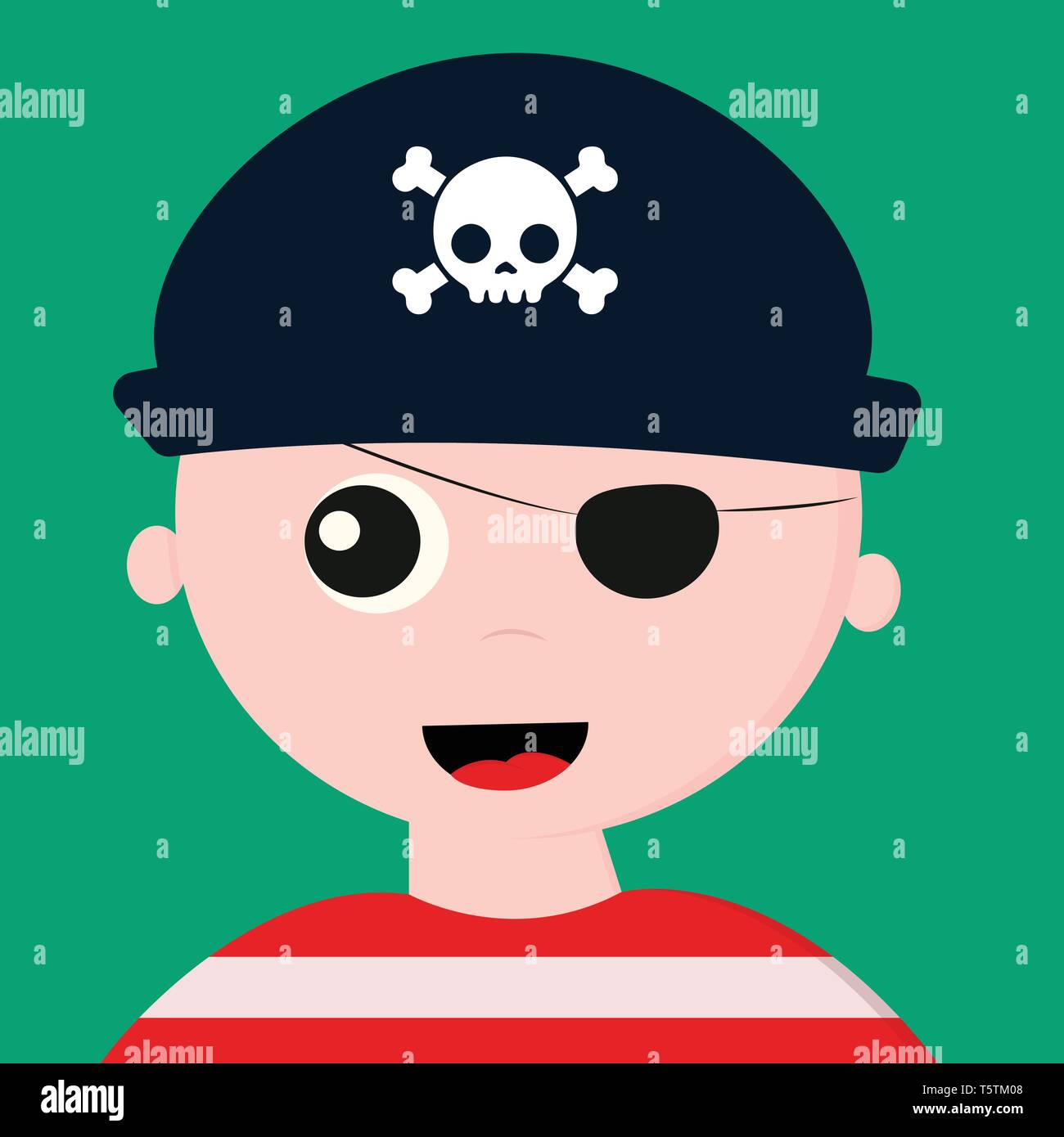 Cute face of a pirate in a red shirt with white longitudinal stripes has covered one of its eyes with patch and head with a blue cap that bears the he Stock Vector