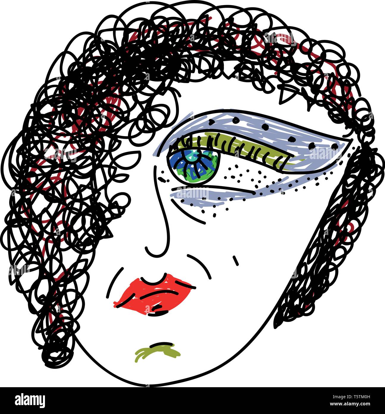 Line art of Earth woman with a big eye and frowned face is with curly hair  and painted her lips in red vector color drawing or illustration Stock  Vector Image & Art -