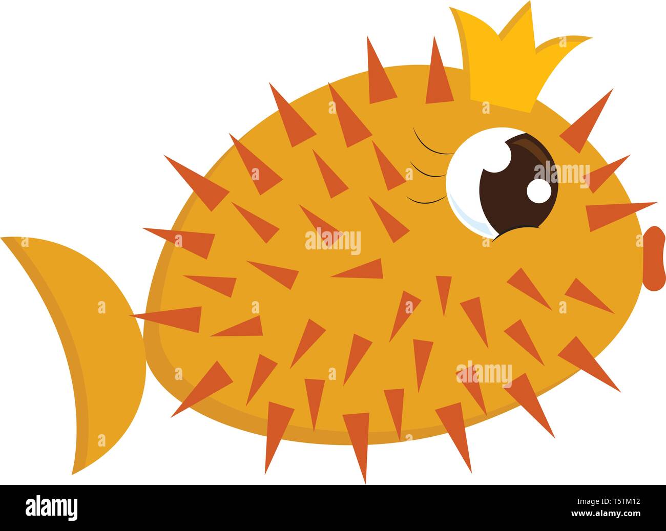 Cartoon of a gorgeous yellow queen fish-hedgehog with orange spines all over their circular-shaped body and a crescent-shaped tail with beautiful eyel Stock Vector
