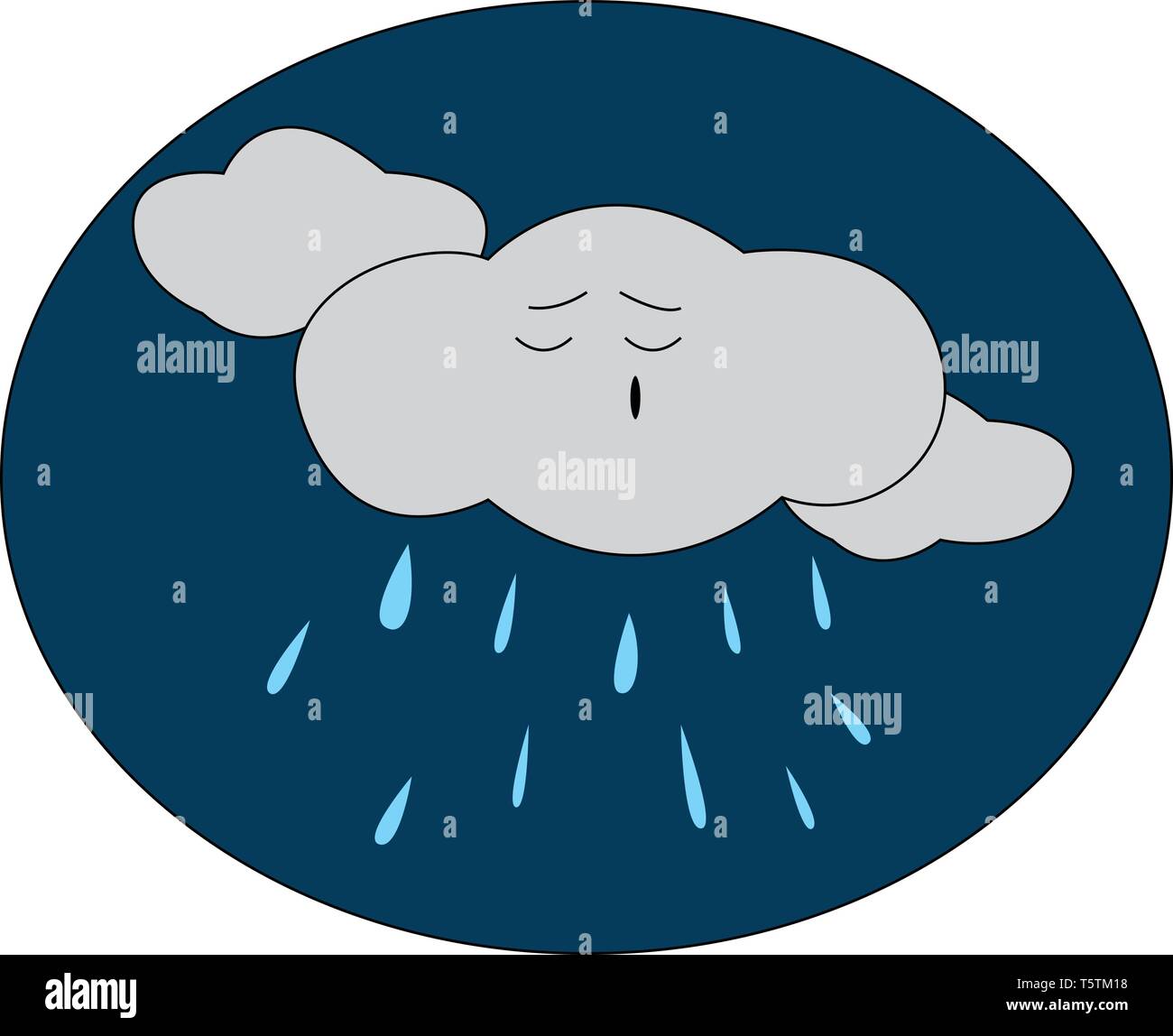 Cartoon of a rainy night with a grey-colored cloud among the other clouds dismayed while raining vector color drawing or illustration Stock Vector