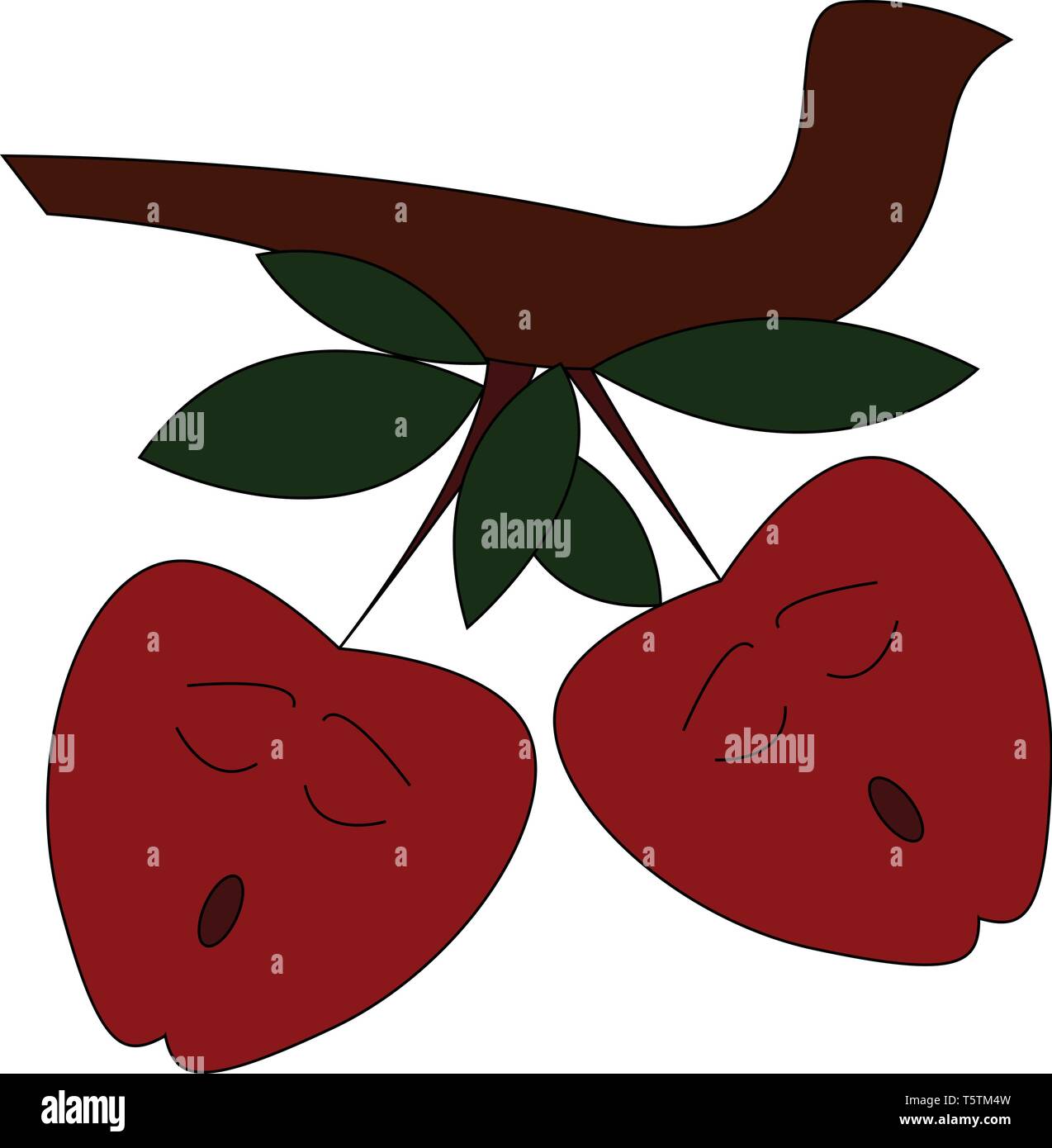 Two red apples on a tree branch vector illustration on white background Stock Vector