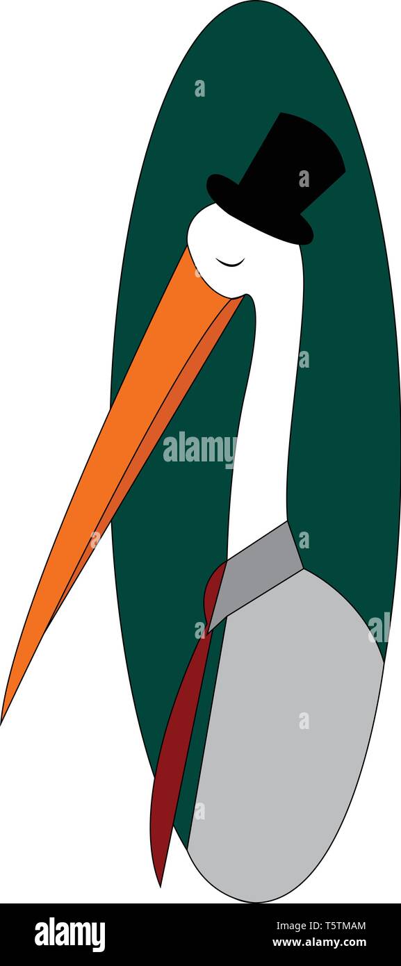 Cartoon of a stork with a black highhat and red tie vector illustration in green eclips  on white background Stock Vector