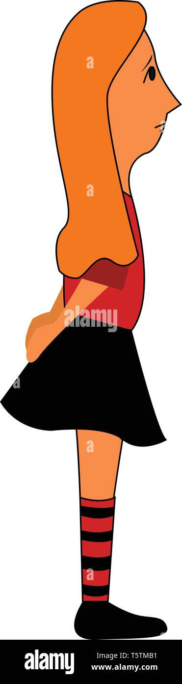 Side portraite of a girl in red shirt black skirt and black and red striped socks vector illustration on white background Stock Vector