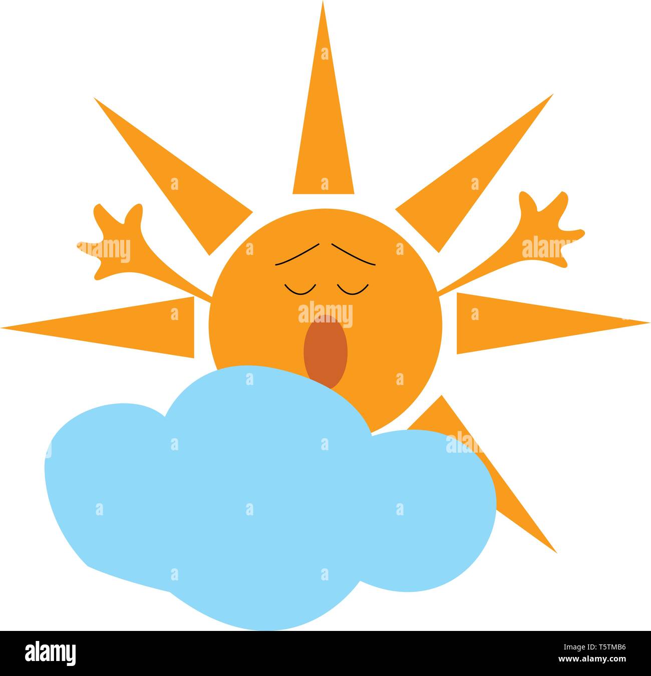 Cartoon of a yawning yellow sun and a blue cloud vector illustration on white background Stock Vector