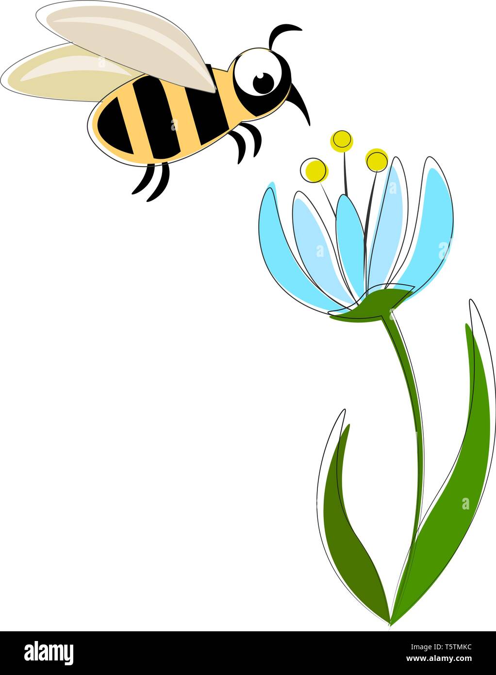 Bee on the blue flower vector illustration on white background Stock Vector