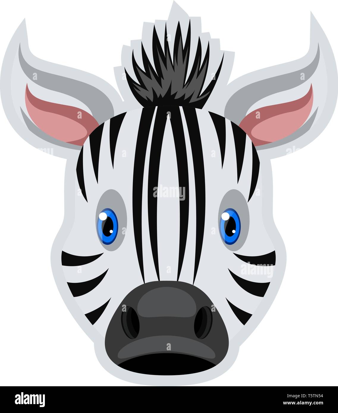 A Zebra Face in white black with stripes, with blue eyes and pink ears ...
