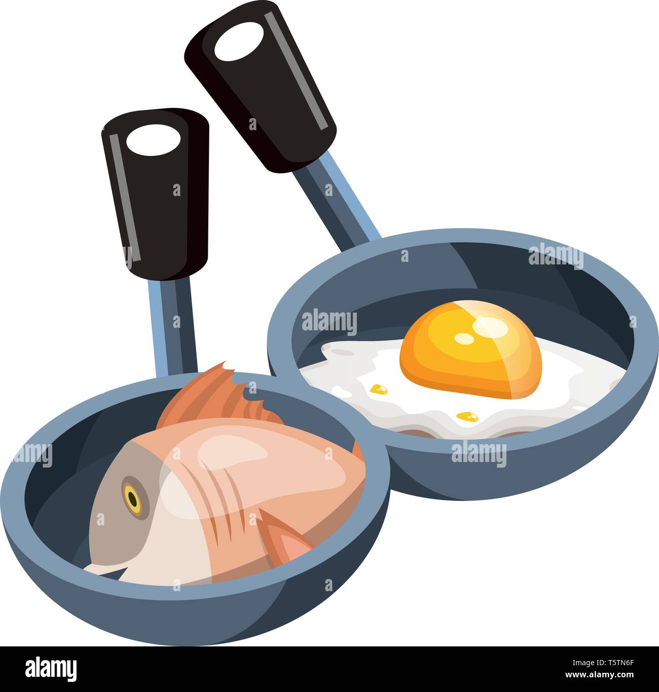 Two cooking pans one pan with pan and eggs and other one with fish