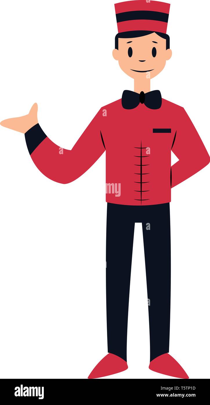 Doorman character in red and black suit vector illustration on a white ...